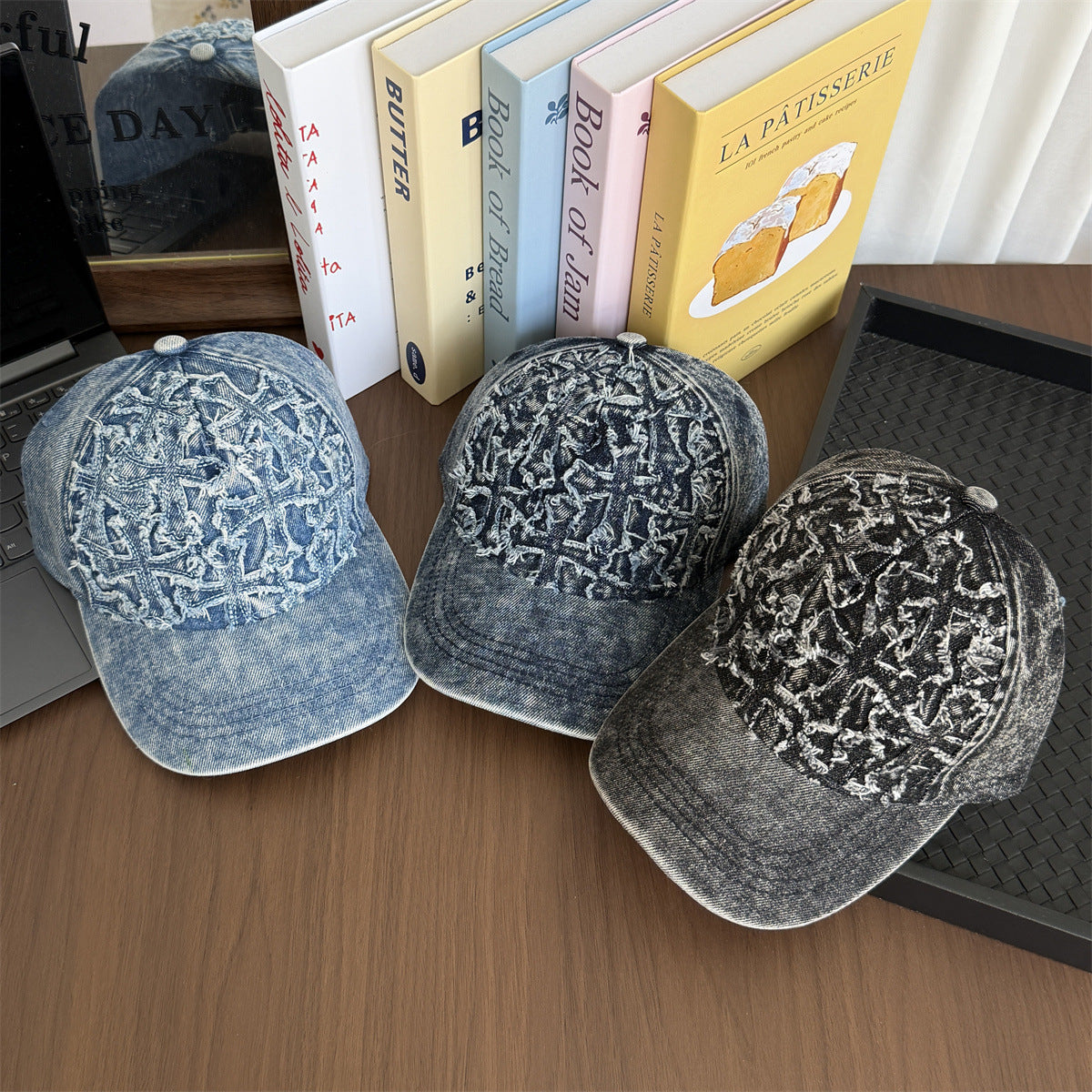 Frayed Cross Denim Washed Vintage Baseball Cap Streetwear Multi‑Style