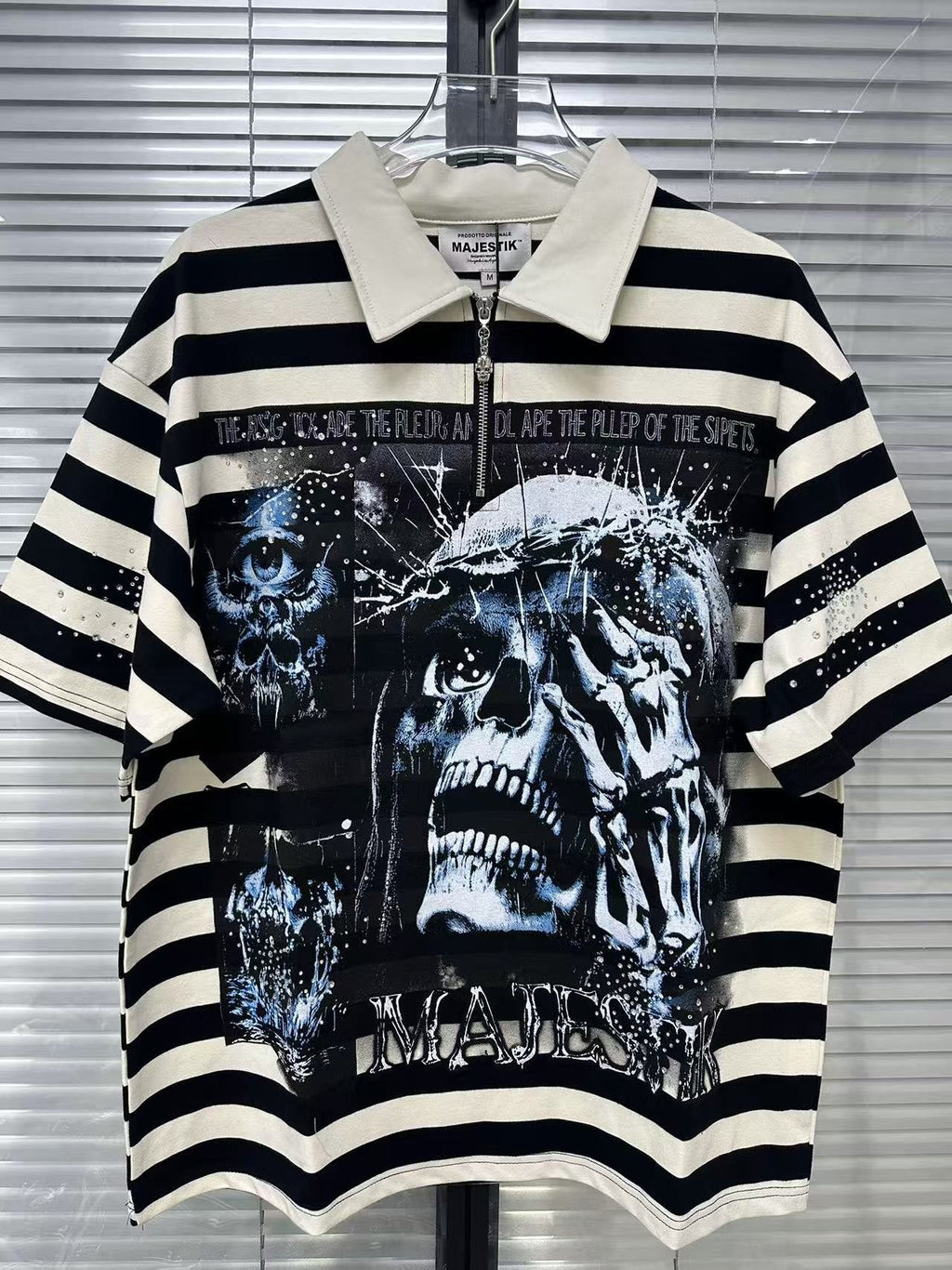 MAJESTIK Skull Graphic Striped Zip-Collar T-Shirt